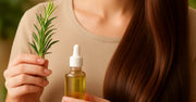 Plano detalle de una mujer con cabello sano sosteniendo un aceite capilar natural y una planta de romero, resaltando los ingredientes botánicos de NATS