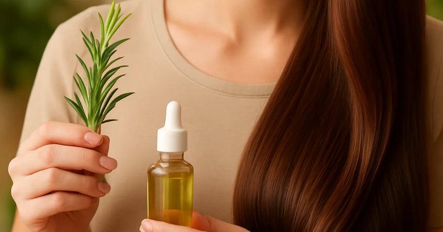 Plano detalle de una mujer con cabello sano sosteniendo un aceite capilar natural y una planta de romero, resaltando los ingredientes botánicos de NATS