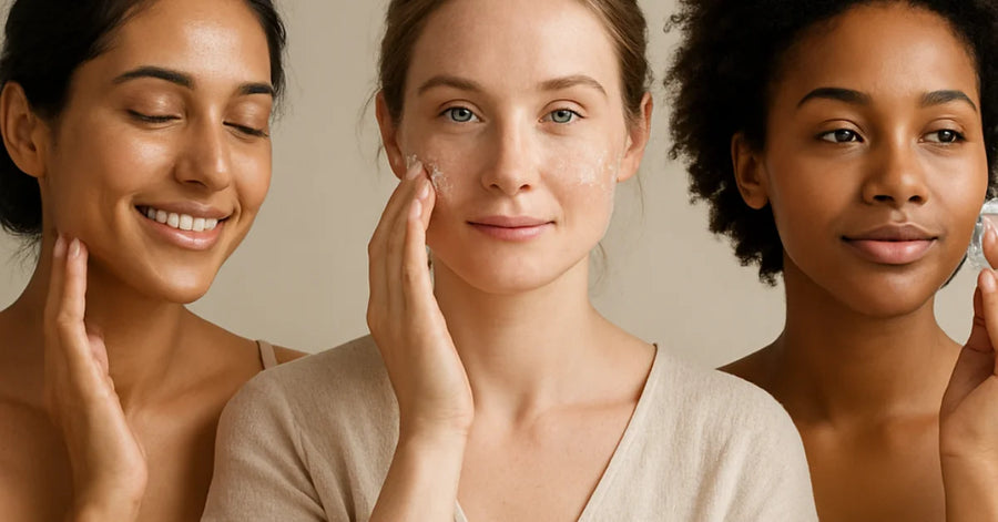 Tres mujeres con distintos tonos y tipos de piel (seca, grasa y mixta) sonriendo, representando la belleza consciente y el cuidado natural de NATS