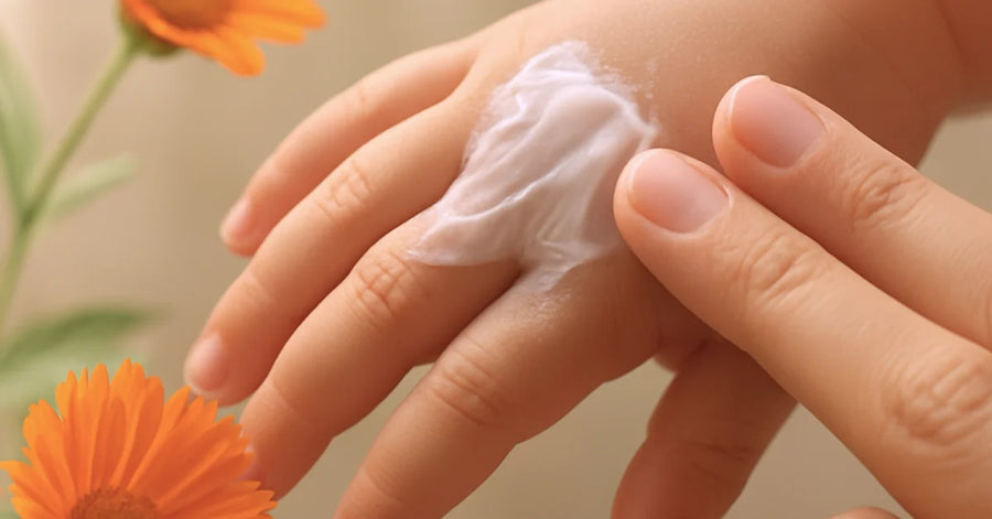 Primer plano de la mano de un bebé con crema natural aplicada, rodeada de flores delicadas, representando la suavidad y pureza de los productos NATS