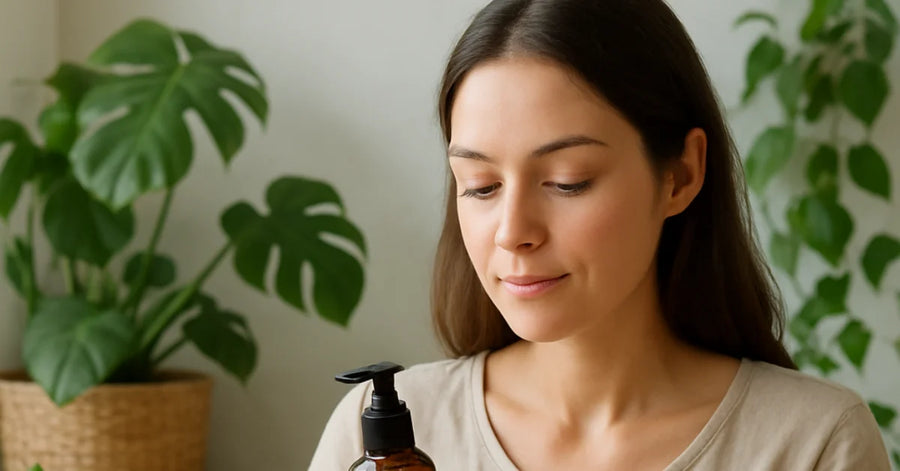 Mujer examinando cuidadosamente los ingredientes y etiquetas de un producto de cosmética natural para asegurar una elección de belleza consciente en NATS