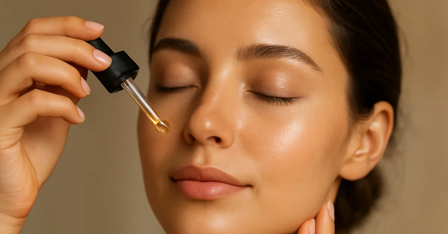 Mujer en un momento de calma aplicando un aceite facial natural con los ojos cerrados, creando un ritual de bienestar y amor propio con NATS